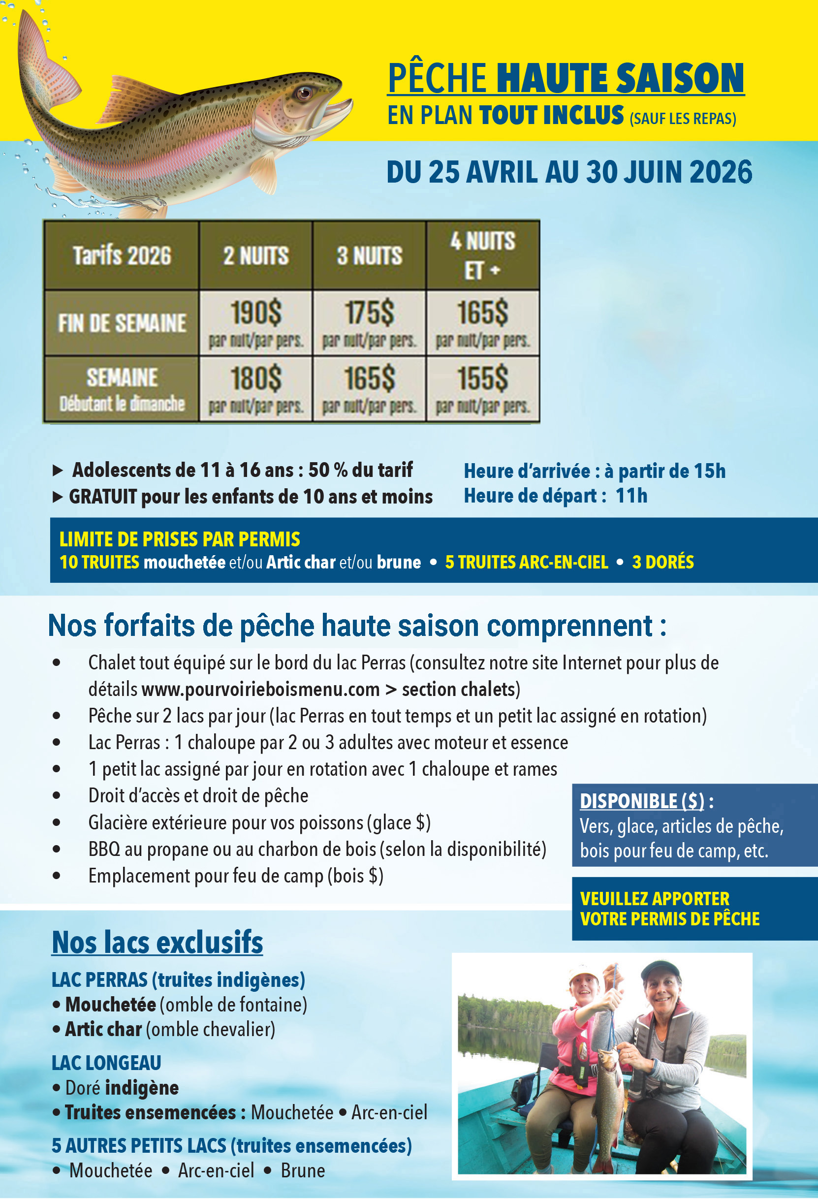 Tarifs 2026 - Pêche haute saison