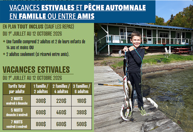 Tarifs 2026 - Vacances et pêche